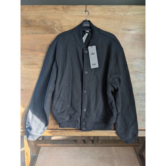 ALO Yoga Other - Alo Yoga Renown Varsity Jacket Mens Small Black Solid French Terry Snap Front